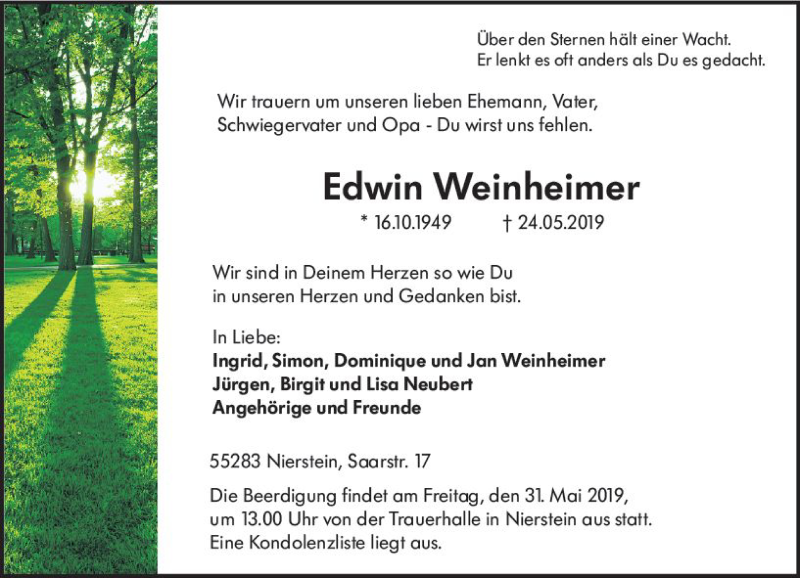  Traueranzeige für Edwin Weinheimer vom 29.05.2019 aus vrm-trauer