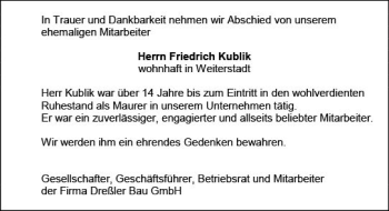 Traueranzeige von Friedrich Kublik von vrm-trauer
