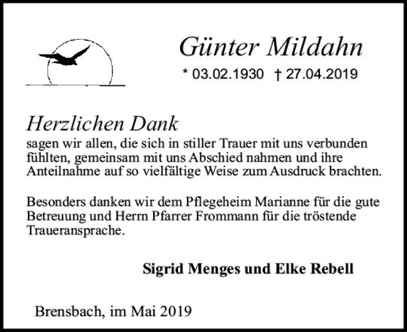  Traueranzeige für Günter Mildahn vom 25.05.2019 aus vrm-trauer