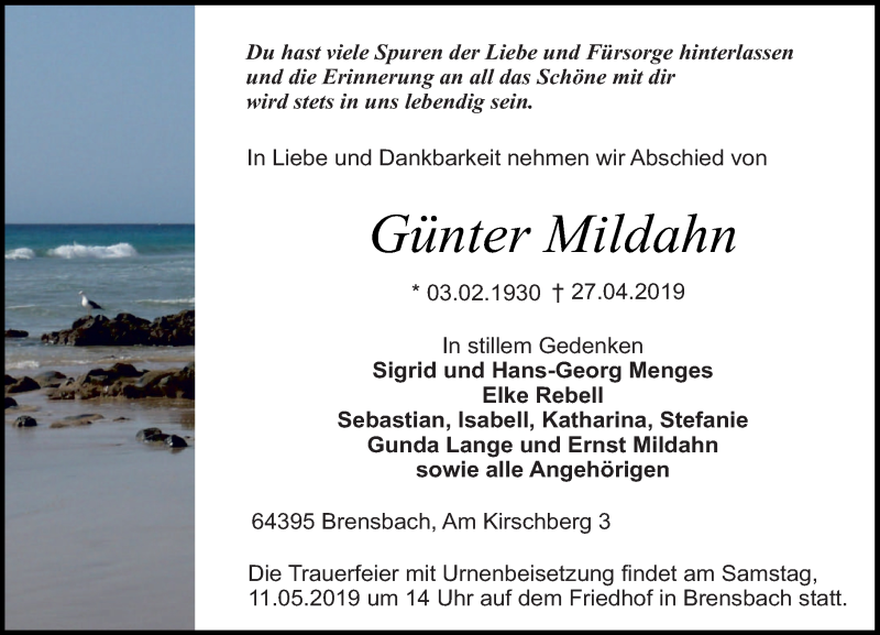  Traueranzeige für Günter Mildahn vom 08.05.2019 aus vrm-trauer