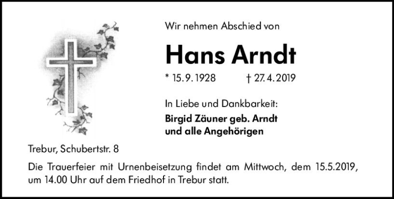  Traueranzeige für Hans Arndt vom 11.05.2019 aus vrm-trauer