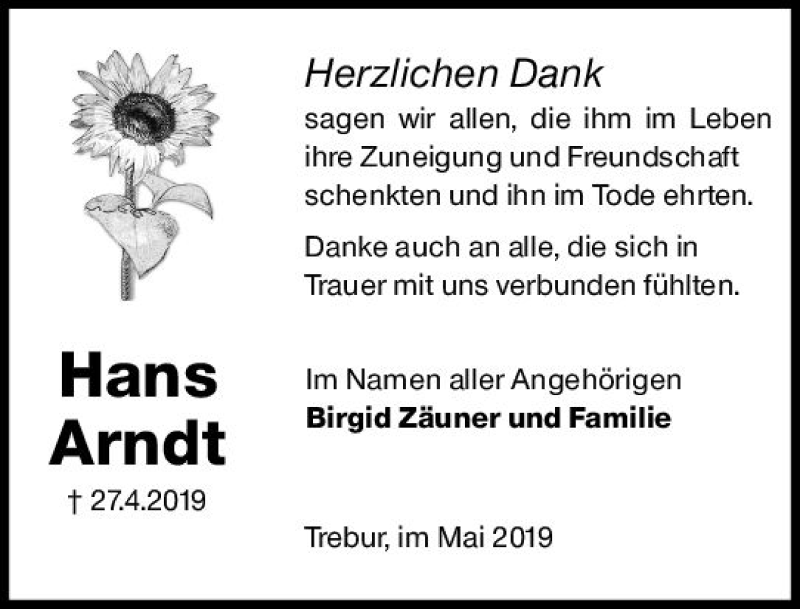  Traueranzeige für Hans Arndt vom 25.05.2019 aus vrm-trauer