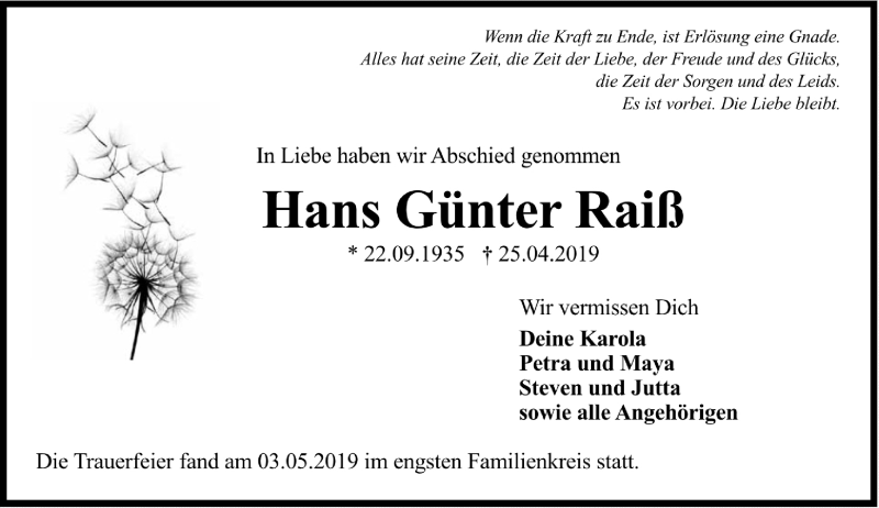  Traueranzeige für Hans Günter Raiß vom 08.05.2019 aus vrm-trauer