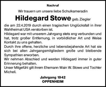 Traueranzeige von Hildegard Stowe von vrm-trauer