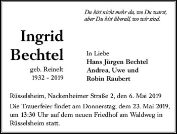 Traueranzeige von Ingrid Bechtel von vrm-trauer
