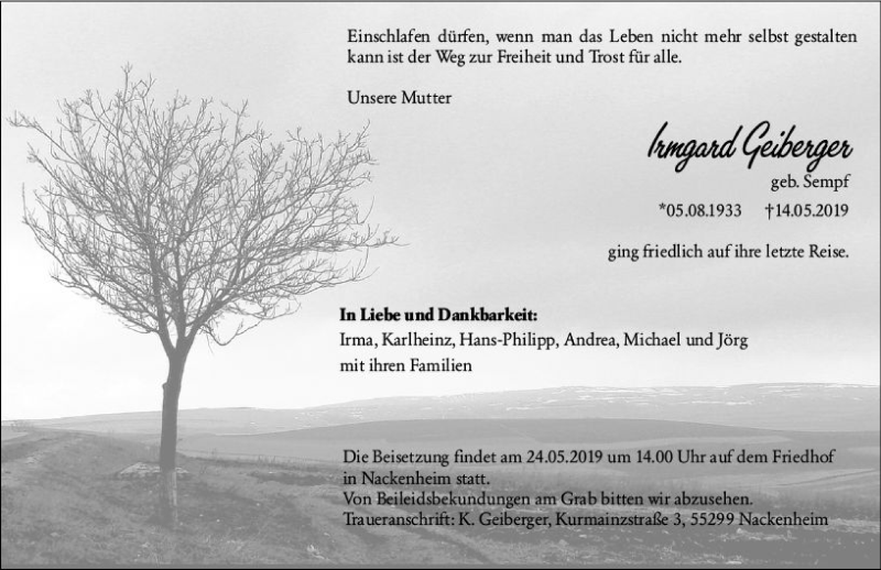  Traueranzeige für Irmgard Geiberger vom 18.05.2019 aus vrm-trauer