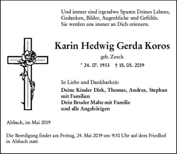 Traueranzeige von Karin Hedwig Gerda Koros von vrm-trauer