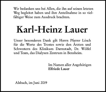 Traueranzeige von Karl-Heinz Lauer von vrm-trauer