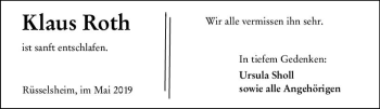 Traueranzeige von Klaus Roth von vrm-trauer