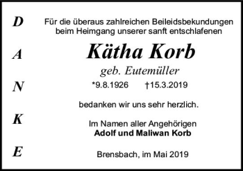 Traueranzeige von Kätha Korb von vrm-trauer