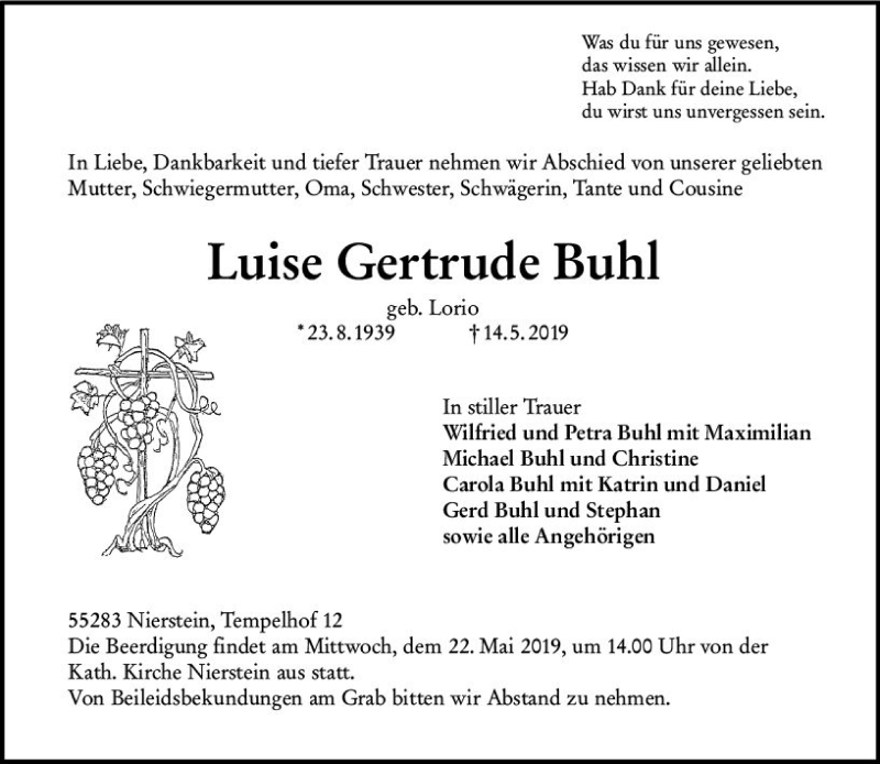 Traueranzeige für Luise Gertrude Buhl vom 18.05.2019 aus vrm-trauer