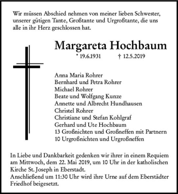 Traueranzeige von Margareta Hochbaum von vrm-trauer