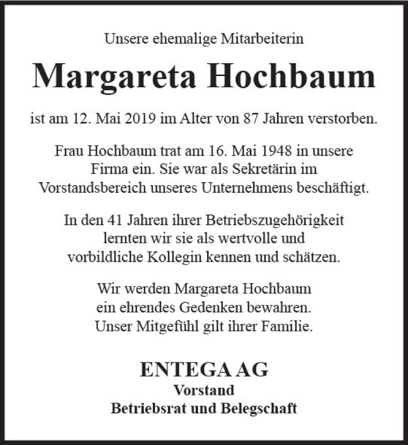  Traueranzeige für Margareta Hochbaum vom 25.05.2019 aus vrm-trauer