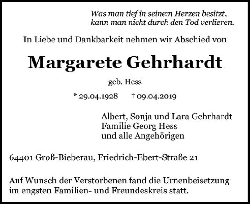  Traueranzeige für Margarete Gehrhardt vom 04.05.2019 aus vrm-trauer