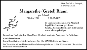Traueranzeige von Margarethe Braun von vrm-trauer