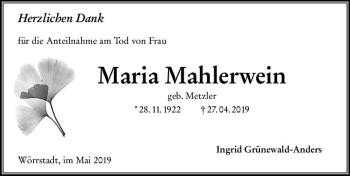 Traueranzeige von Maria Mahlerwein von vrm-trauer