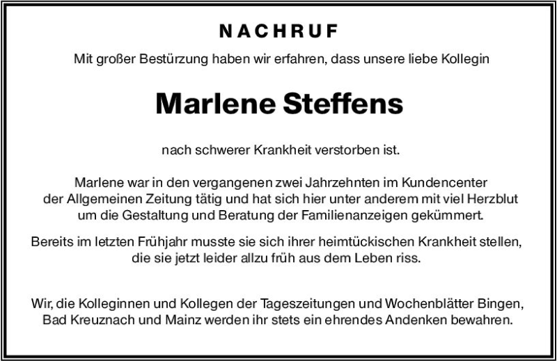  Traueranzeige für Marlene Steffens vom 01.06.2019 aus vrm-trauer