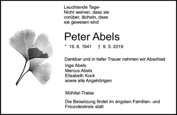 Traueranzeige von Peter Abels von vrm-trauer