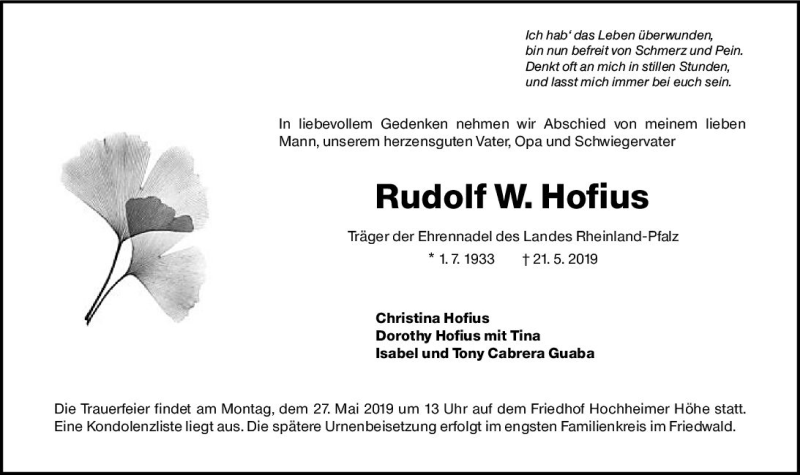  Traueranzeige für Rudolf W. Hofius vom 24.05.2019 aus vrm-trauer