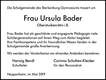 Traueranzeige von Ursula Bader von vrm-trauer