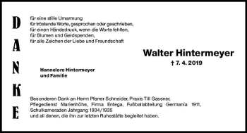 Traueranzeige von Walter Hintermeyer von vrm-trauer
