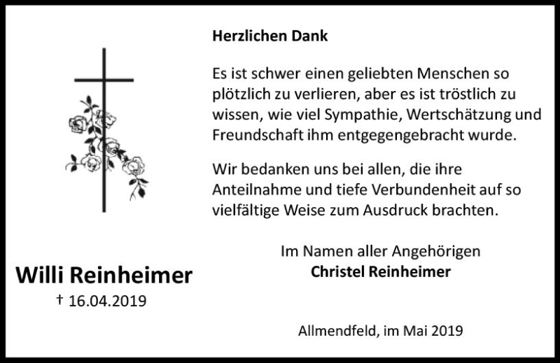  Traueranzeige für Willi Reinheimer vom 22.05.2019 aus vrm-trauer