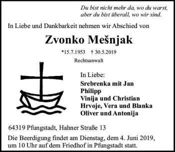 Traueranzeige von Zvonko Mesnjak von vrm-trauer