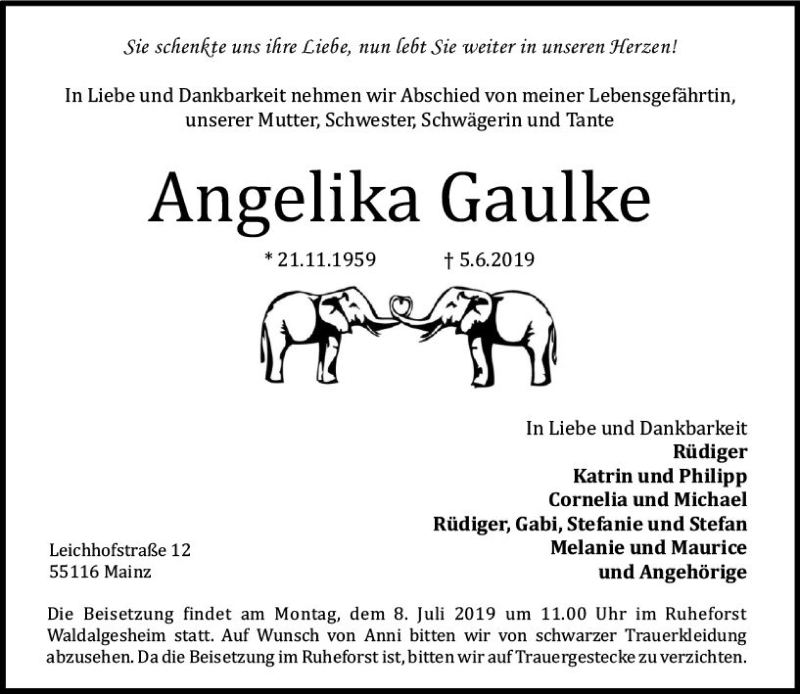  Traueranzeige für Angelika Gaulke vom 22.06.2019 aus vrm-trauer