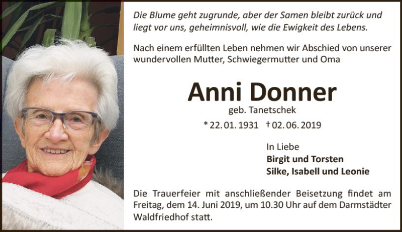  Traueranzeige für Anni Donner vom 08.06.2019 aus vrm-trauer