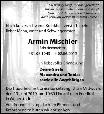 Traueranzeige von Armin Mischler von vrm-trauer
