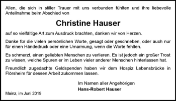 Traueranzeige von Christine Hauser von vrm-trauer
