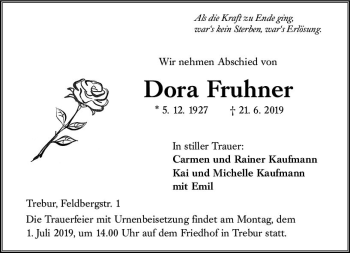 Traueranzeige von Dora Fruhner von vrm-trauer