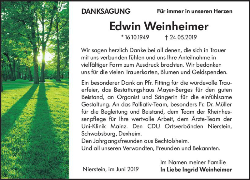 Traueranzeige für Edwin Weinheimer vom 22.06.2019 aus vrm-trauer