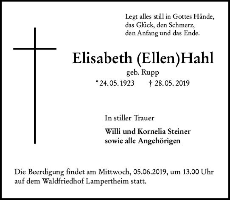  Traueranzeige für Elisabeth Hahl vom 05.06.2019 aus vrm-trauer
