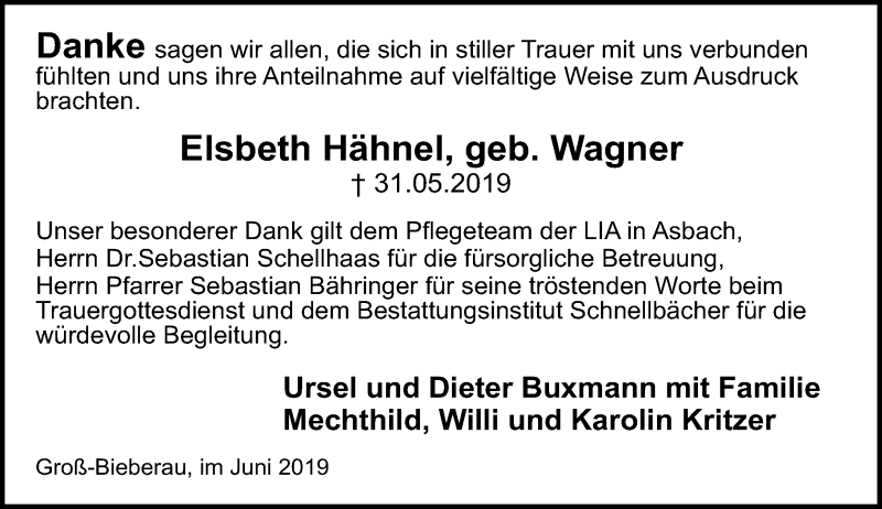  Traueranzeige für Elsbeth Hähnel vom 29.06.2019 aus vrm-trauer