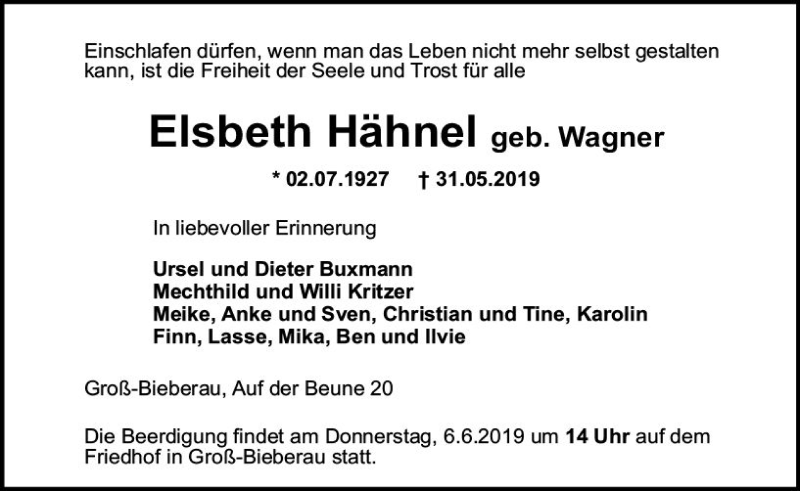  Traueranzeige für Elsbeth Hähnel vom 04.06.2019 aus vrm-trauer
