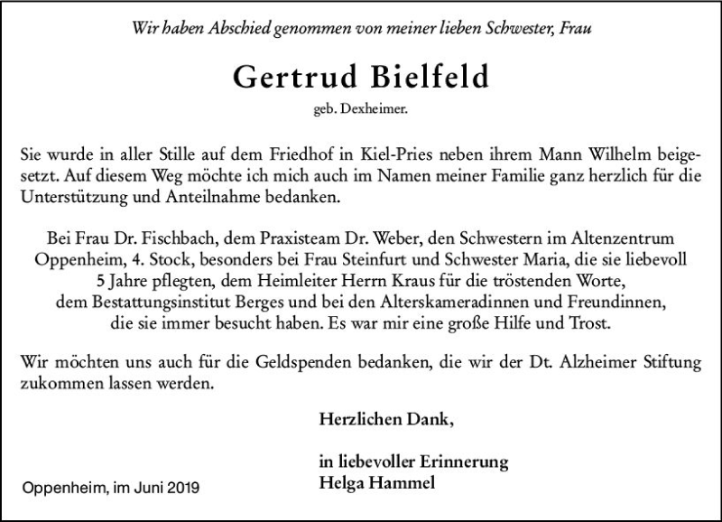  Traueranzeige für Gertrud Bielfeld vom 15.06.2019 aus vrm-trauer
