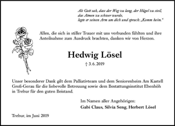 Traueranzeige von Hedwig Lösel von vrm-trauer