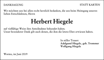Traueranzeige von Herbert Hiegele von vrm-trauer