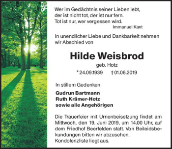 Traueranzeige von Hilde Weisbrod von vrm-trauer
