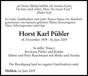 Traueranzeige von Horst Karl Pühler von vrm-trauer