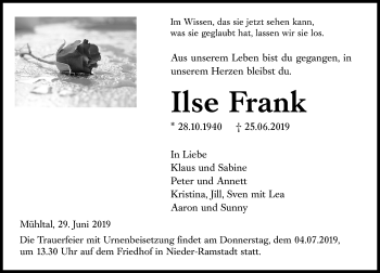 Traueranzeige von Ilse Frank von vrm-trauer