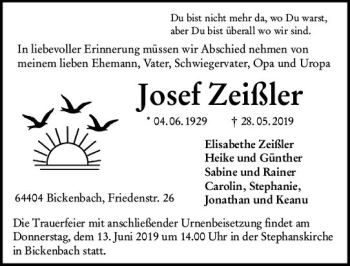 Traueranzeige von Josef Zeißler von vrm-trauer