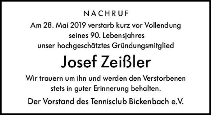  Traueranzeige für Josef Zeißler vom 08.06.2019 aus vrm-trauer