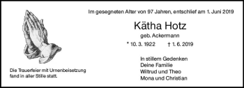 Traueranzeige von Kätha Hotz von vrm-trauer