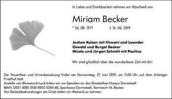 Traueranzeige von Miriam Becker von vrm-trauer