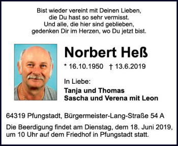 Traueranzeige von Norbert Heß von vrm-trauer