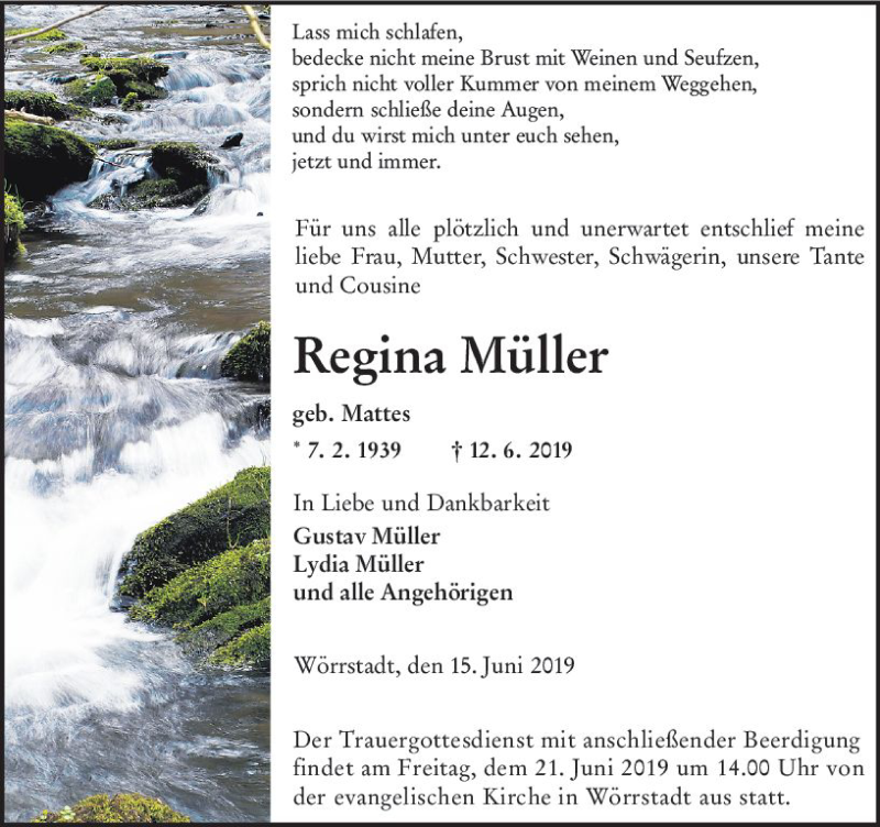  Traueranzeige für Regina Müller vom 15.06.2019 aus vrm-trauer