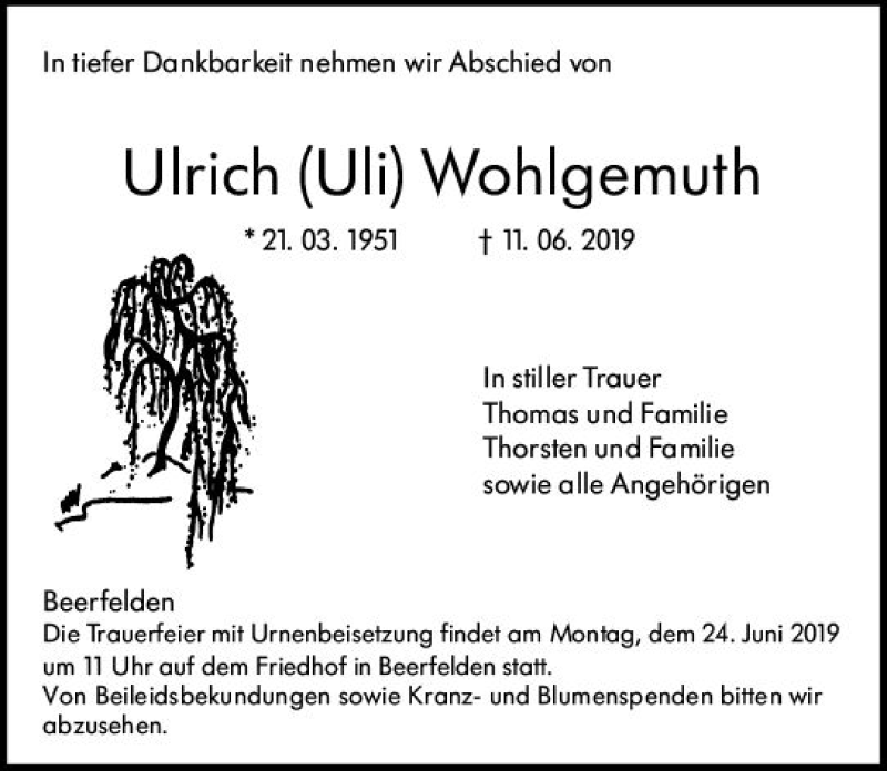  Traueranzeige für Ulrich Uli Wohlgemuth vom 21.06.2019 aus vrm-trauer