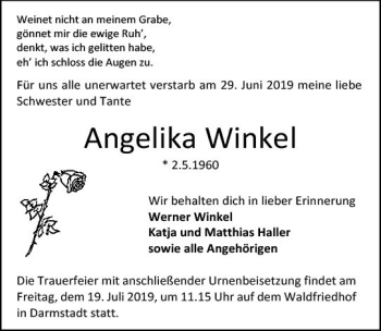 Traueranzeige von Angelika Winkel von vrm-trauer